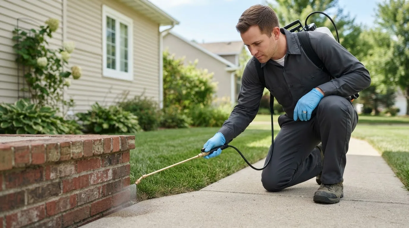 Pest control technician treating a home near Milan, IN